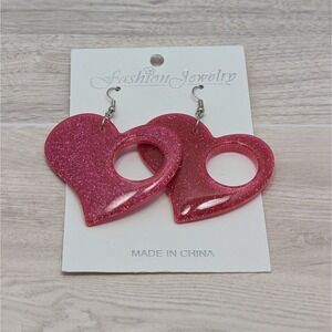 Vintage Pink Glitter Resin Plastic Dangle Heart Shape Costume Earrings Sparkle